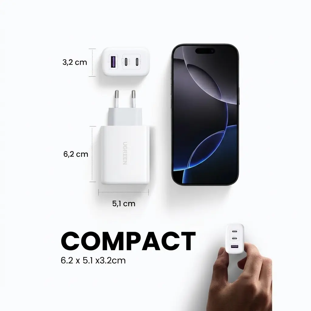 UGREEN 65W GaN USB-C 3-Port Fast Wall Charger - Compact PD Power Adapter 90496 3