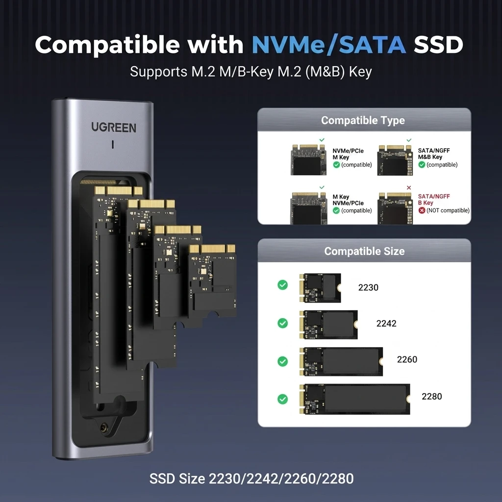UGREEN M.2 NVMe & SATA SSD Enclosure - USB 3.2 Gen 2 10Gbps Portable External Case 90408 2
