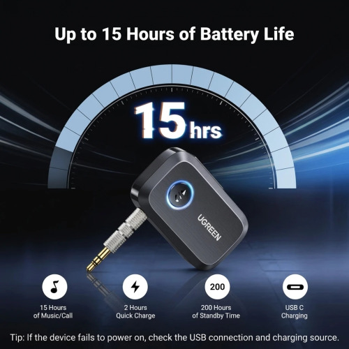 UGREEN Bluetooth Receiver for Car AUX - Hands-Free Adapter with Noise Cancellation 90748
