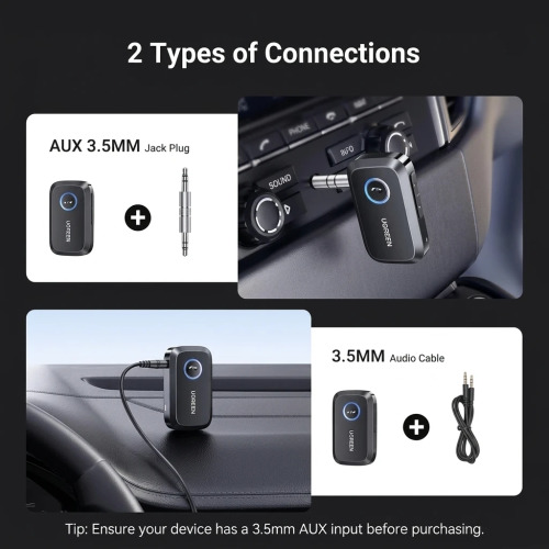 UGREEN Bluetooth Receiver for Car AUX - Hands-Free Adapter with Noise Cancellation 90748