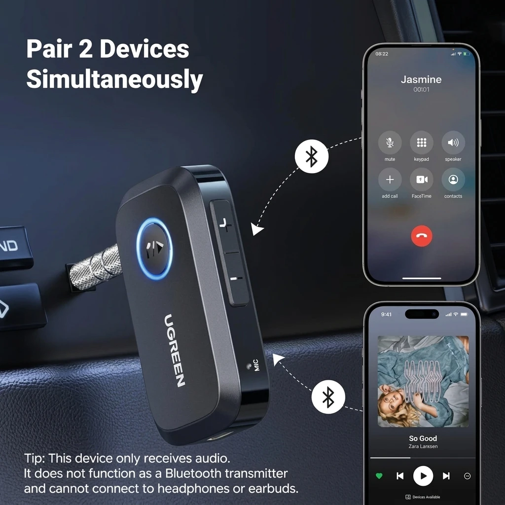 UGREEN Bluetooth Receiver for Car AUX - Hands-Free Adapter with Noise Cancellation 90748 5