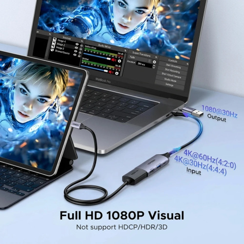 UGREEN 4K HDMI to USB Video Capture Card, 1080P 30fps Streaming & Recording Adapter (USB-A/USB-C) 40189