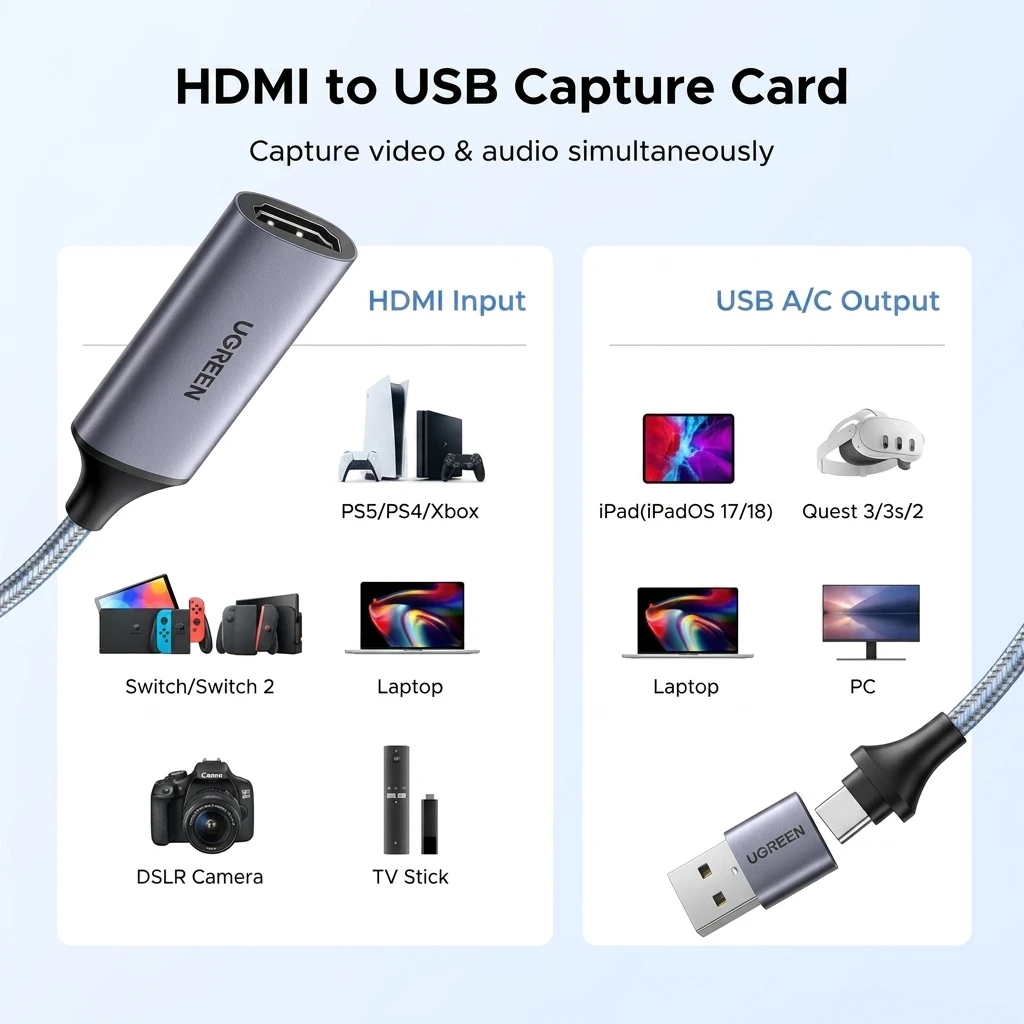 UGREEN 4K HDMI to USB Video Capture Card, 1080P 30fps Streaming & Recording Adapter (USB-A/USB-C) 40189 5