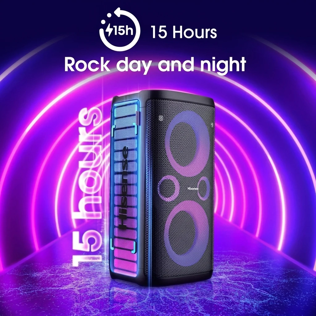 Hisense HP 110 Party Rocker One Plus Portable Party Speaker with Karaoke Mode Including 2 Microphones, 300 W Sound Volume, DJ Effects, Wireless Charging, 5 Light Effects, Up to 15 Hours Battery Life,