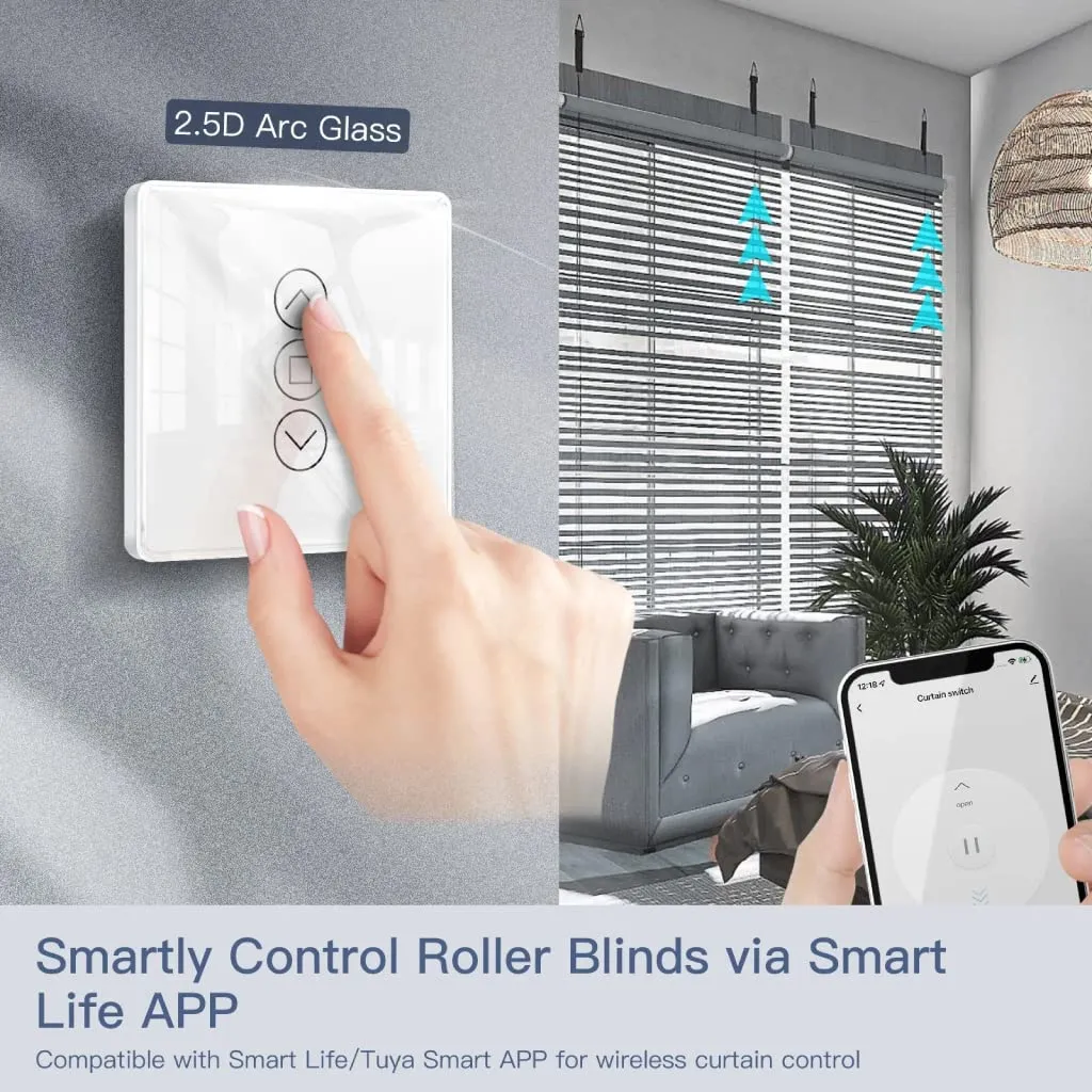 MOES Smart WiFi Curtain Switch, 2.5D Arc Glass Touch Panel for Roller Blinds & Shutters