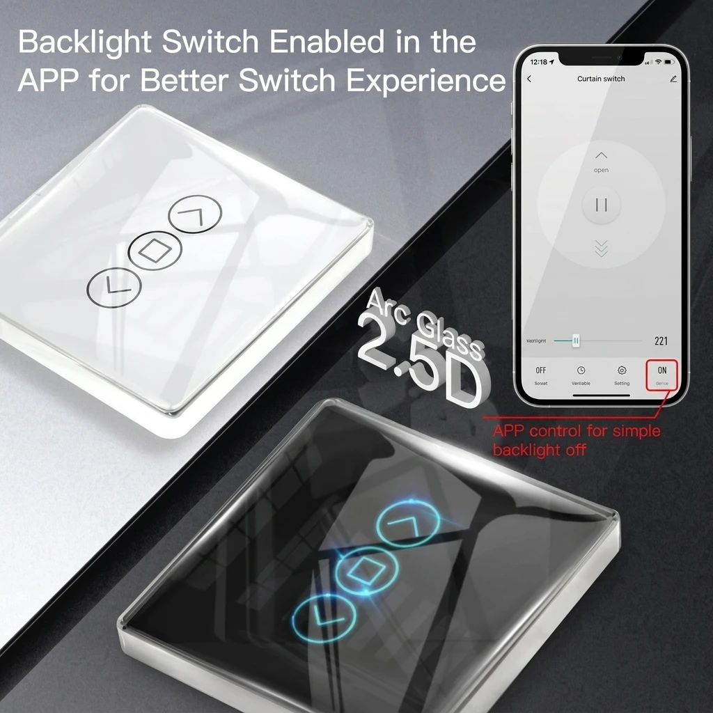 MOES Smart WiFi Curtain Switch, 2.5D Arc Glass Touch Panel for Roller Blinds & Shutters 3
