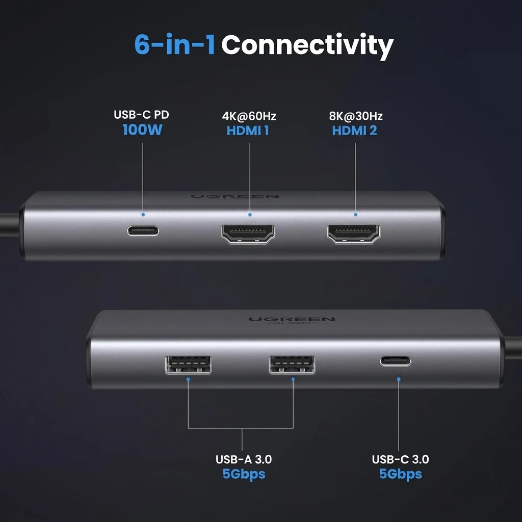 UGREEN 6-in-1 USB-C USB-C Multifunctional Adapter - 8K@30Hz/4K@60Hz HDMI 15852 2