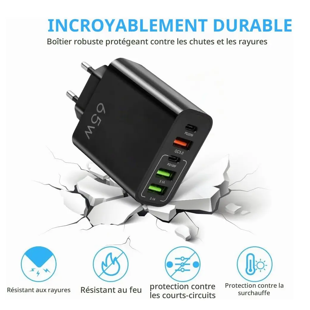 AXFEE 65W 5-Port Fast USB C Charger Hub with QC 3.0 (Black) 5