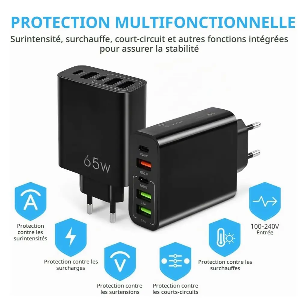 AXFEE 65W 5-Port Fast USB C Charger Hub with QC 3.0 (Black) 8