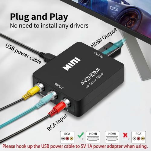 RCA to HDMI Converter, AV to HDMI Adapter for N64, Wii, PS2, PS3, Xbox, VCR, and VHS