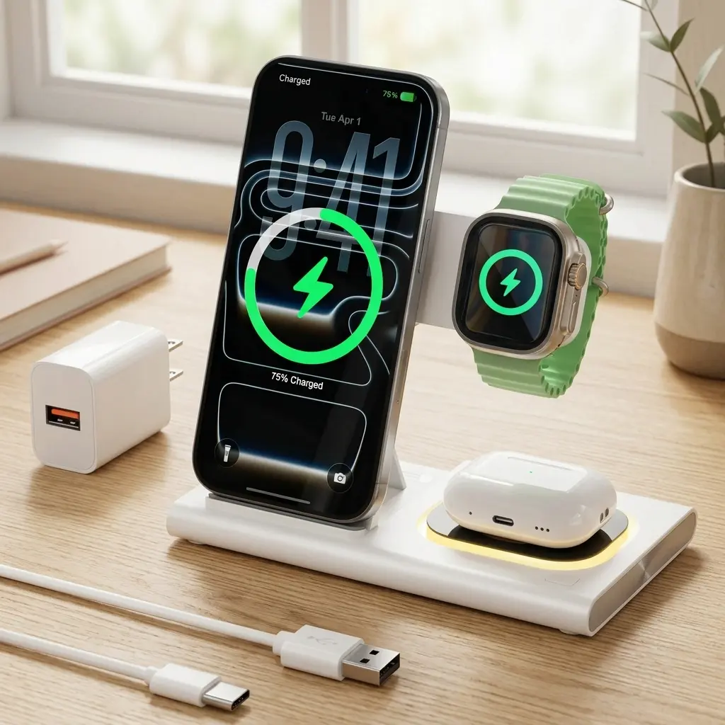 Aresh 3-in-1 Foldable Wireless Charging Station with Night Light for iPhone, Apple Watch & AirPods