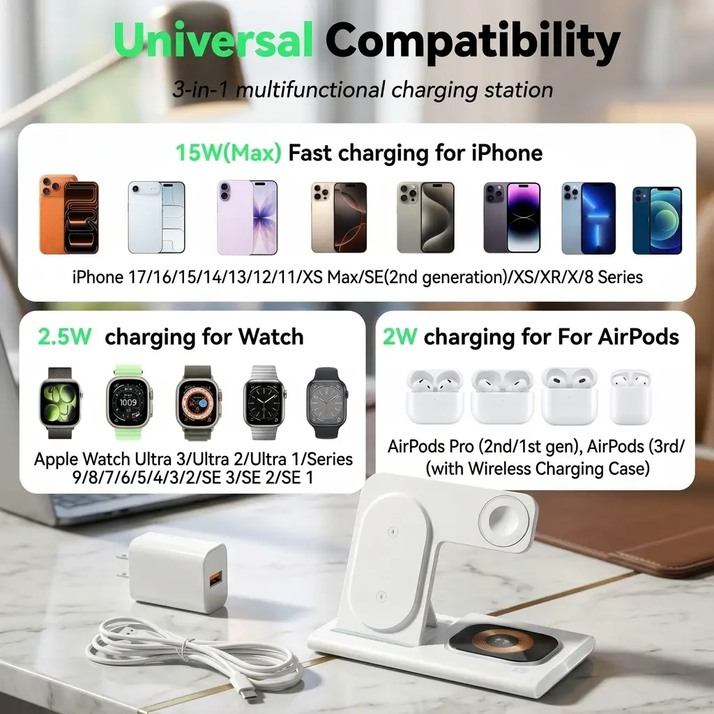 Aresh 3-in-1 Foldable Wireless Charging Station with Night Light for iPhone, Apple Watch & AirPods 3