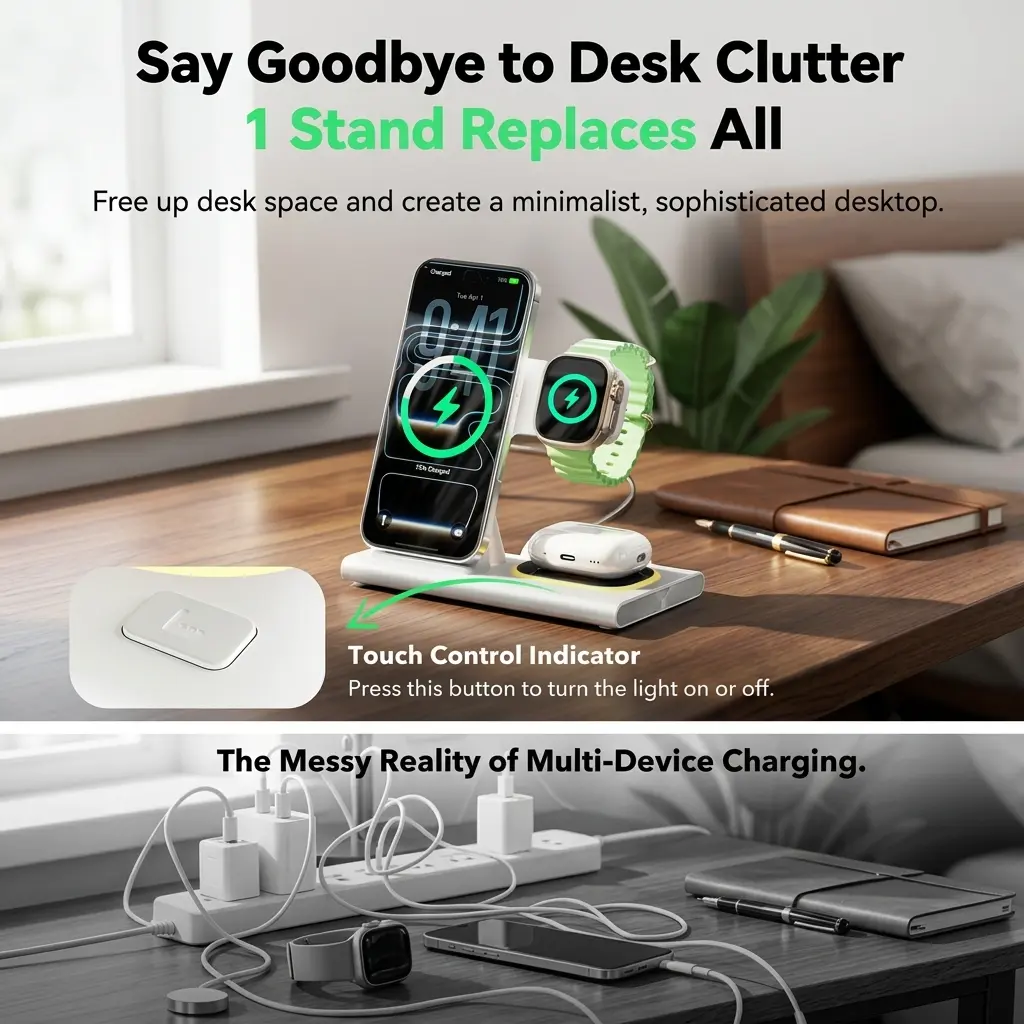 Aresh 3-in-1 Foldable Wireless Charging Station with Night Light for iPhone, Apple Watch & AirPods 7