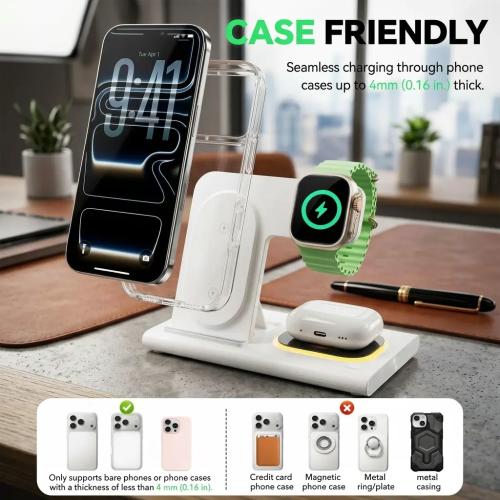 Aresh 3-in-1 Foldable Wireless Charging Station with Night Light for iPhone, Apple Watch & AirPods