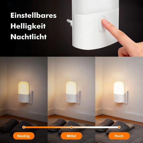 GRIFEMA Socket Night Light with Twilight Sensor for Constant Night Orientation 3 Levels Dimmable 2700 K Warm White Energy Saving 0.5 W Child Safe for Hallway, Bedroom and Children's Room