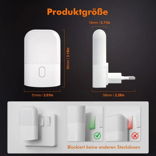 GRIFEMA Socket Night Light with Twilight Sensor for Constant Night Orientation 3 Levels Dimmable 2700 K Warm White Energy Saving 0.5 W Child Safe for Hallway, Bedroom and Children's Room