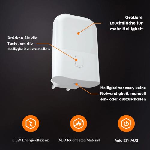 GRIFEMA Socket Night Light with Twilight Sensor for Constant Night Orientation 3 Levels Dimmable 2700 K Warm White Energy Saving 0.5 W Child Safe for Hallway, Bedroom and Children's Room