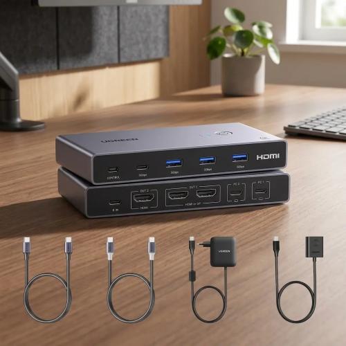 UGREEN USB-C KVM Switch 2-PC 2-Monitor 4K@60Hz with 4x USB 3.0 Ports & PD 100W Power Supply