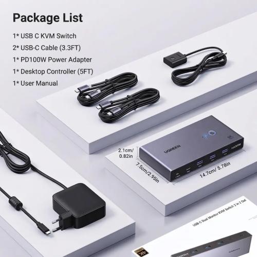 UGREEN USB-C KVM Switch 2-PC 2-Monitor 4K@60Hz with 4x USB 3.0 Ports & PD 100W Power Supply