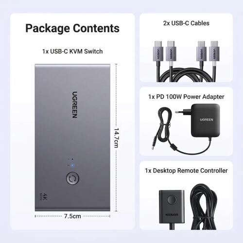 UGREEN USB-C KVM Switch 2-PC 2-Monitor 4K@60Hz with 4x USB 3.0 Ports & PD 100W Power Supply
