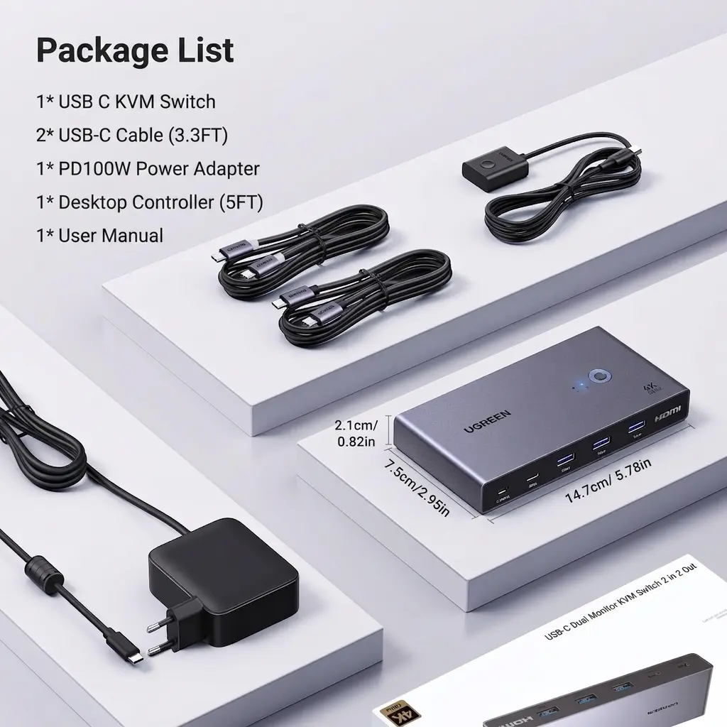 UGREEN USB-C KVM Switch 2-PC 2-Monitor 4K@60Hz with 4x USB 3.0 Ports & PD 100W Power Supply 2