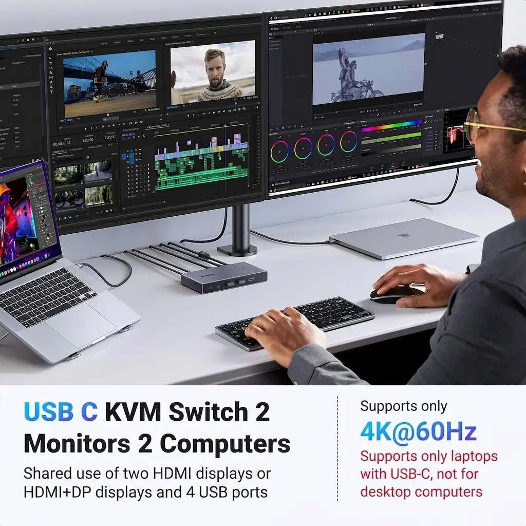 UGREEN USB-C KVM Switch 2-PC 2-Monitor 4K@60Hz with 4x USB 3.0 Ports & PD 100W Power Supply 3