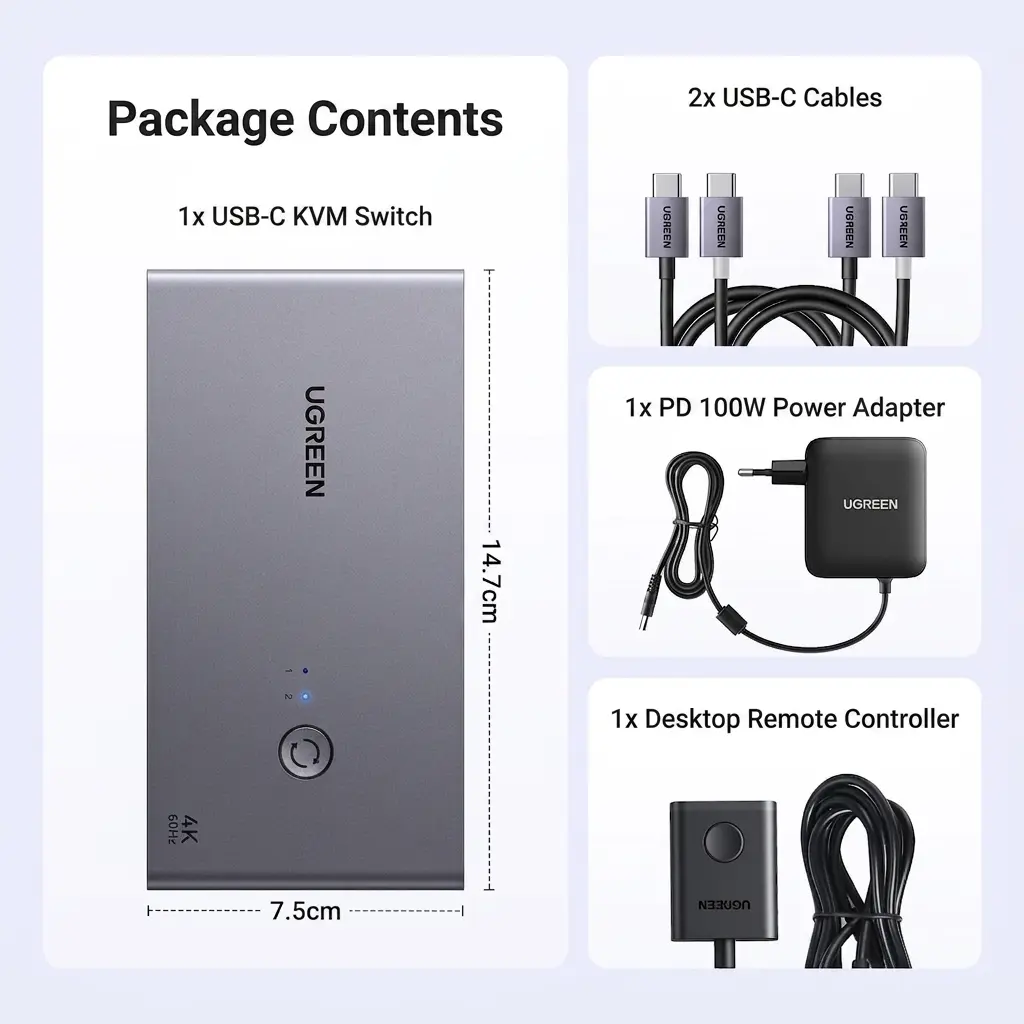 UGREEN USB-C KVM Switch 2-PC 2-Monitor 4K@60Hz with 4x USB 3.0 Ports & PD 100W Power Supply 8