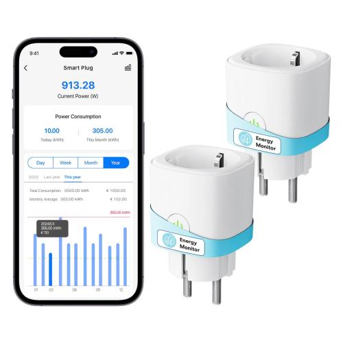 Meross Smart WiFi Plug with Energy Monitoring - 16A Timer Socket, 2-Pack