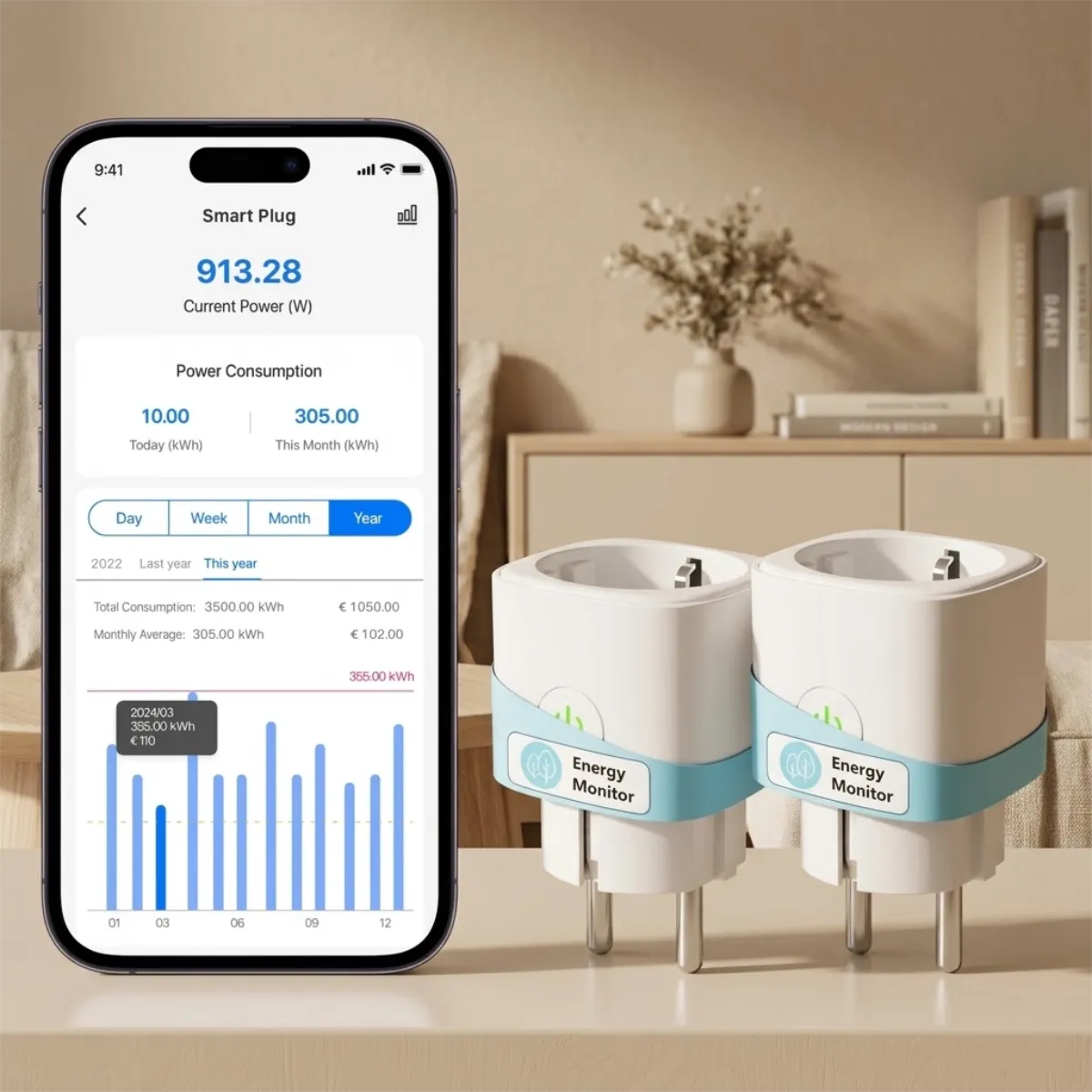 Meross Smart WiFi Plug with Energy Monitoring - 16A Timer Socket, 2-Pack