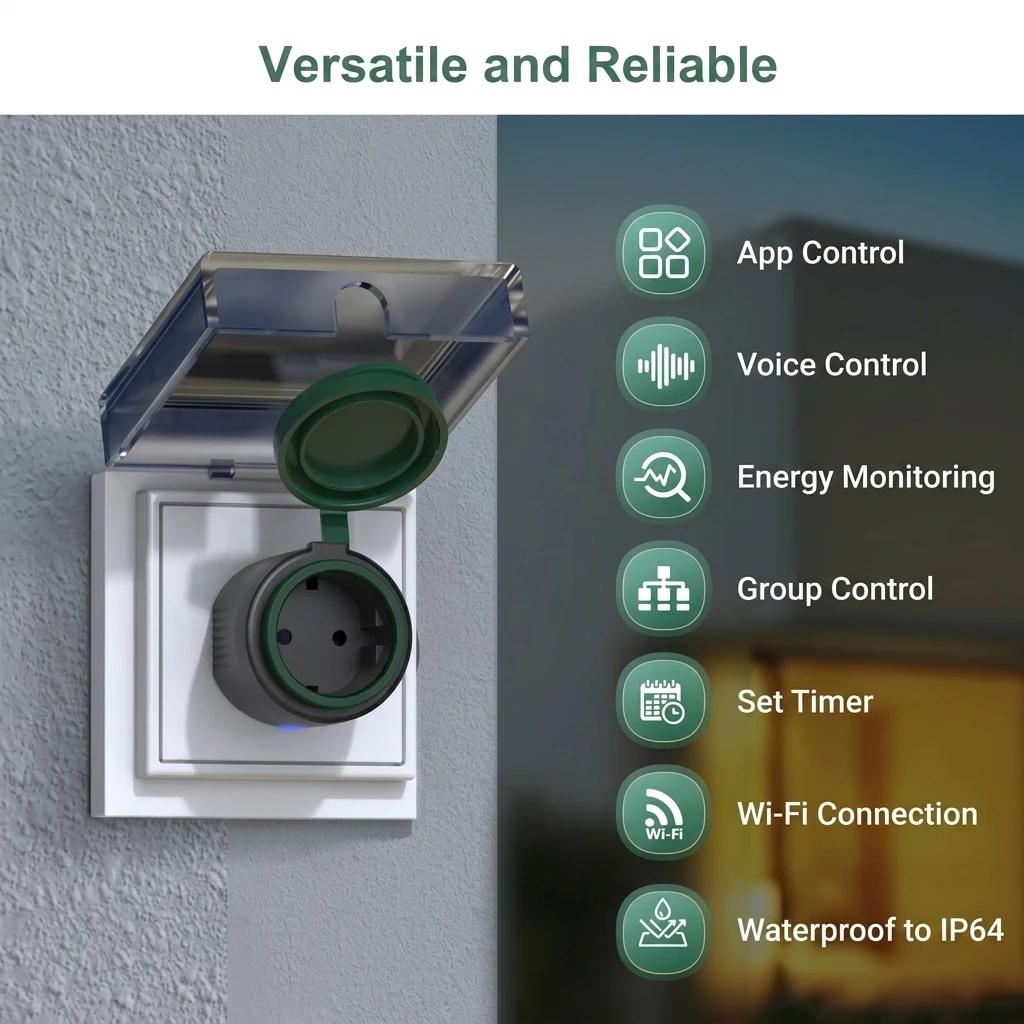 EIGHTREE IP64 Waterproof Outdoor Smart WiFi Socket with Power Monitoring - 16A 3