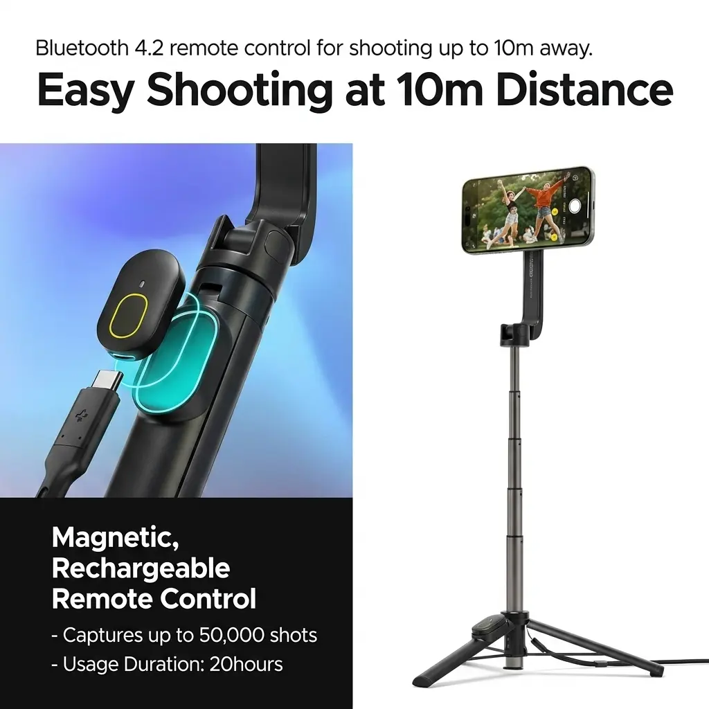 Spigen S571W MagSafe Selfie Stick & Tripod with Bluetooth Remote - Black 5