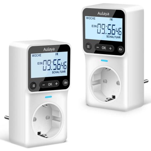 Digital Timer Made to Measure German Version Socket with 25 Configurable Weekly Day and Minute Programmes, LCD Display Digital Electric Timer for Indoor 3680 W Pack of 2