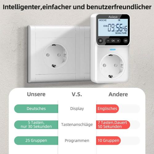 Digital Timer Made to Measure German Version Socket with 25 Configurable Weekly Day and Minute Programmes, LCD Display Digital Electric Timer for Indoor 3680 W Pack of 2