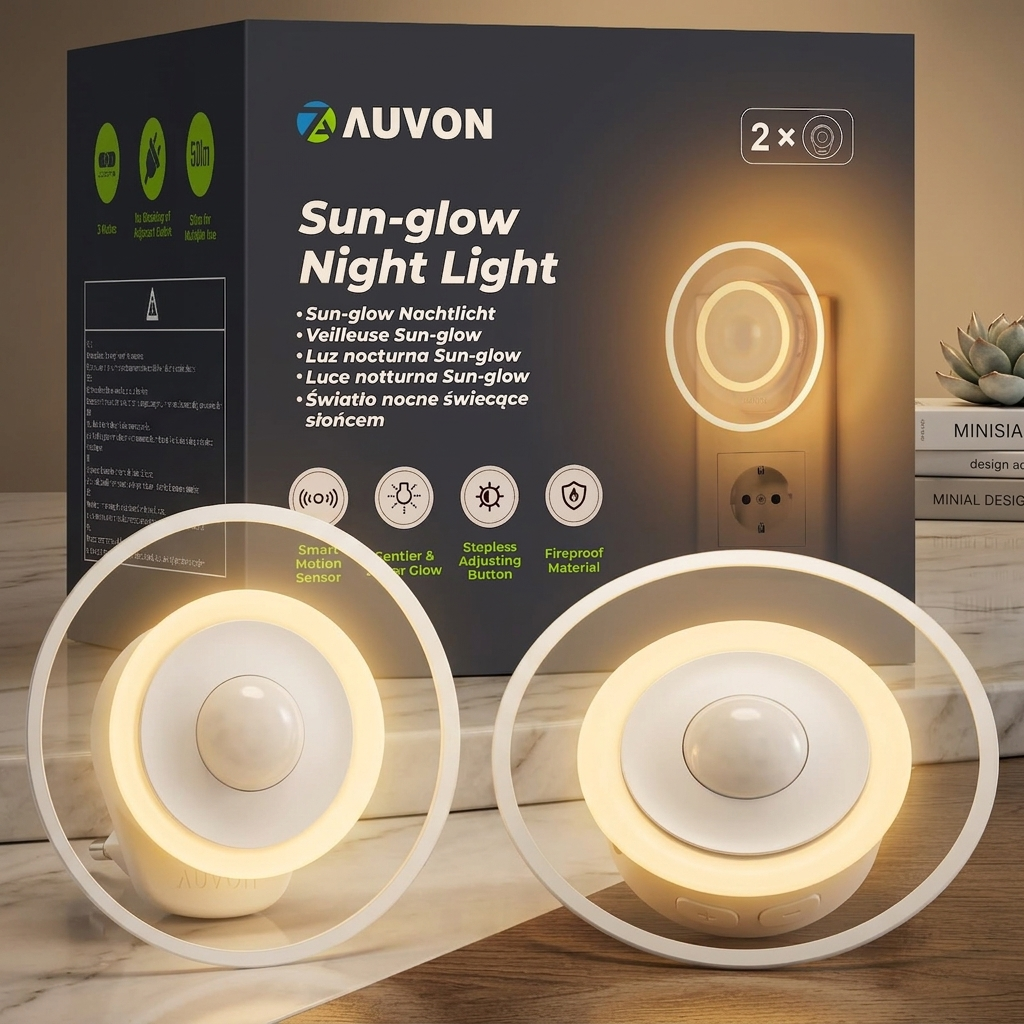 AUVON Sunglow Motion Sensor Plug-In LED Night Light Socket, Warm White, 2-Pack