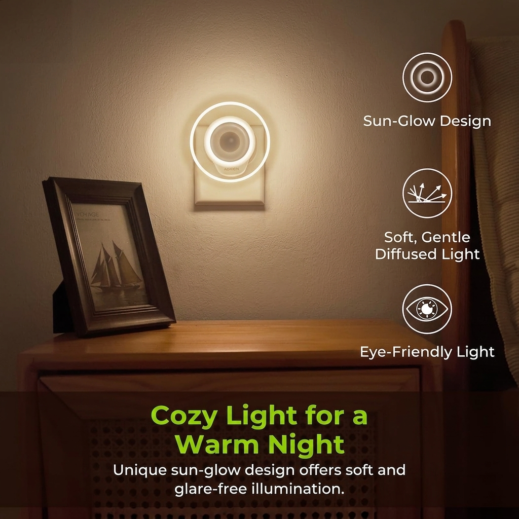 AUVON Sunglow Motion Sensor Plug-In LED Night Light Socket, Warm White, 2-Pack 2