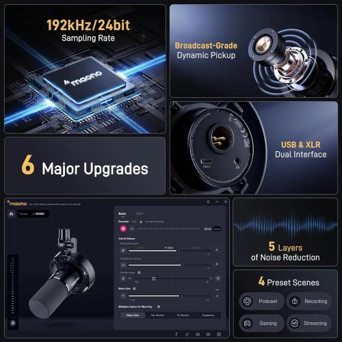 MAONO PD300X Dynamic XLR/USB Podcast Microphone with Noise Reduction and DSP