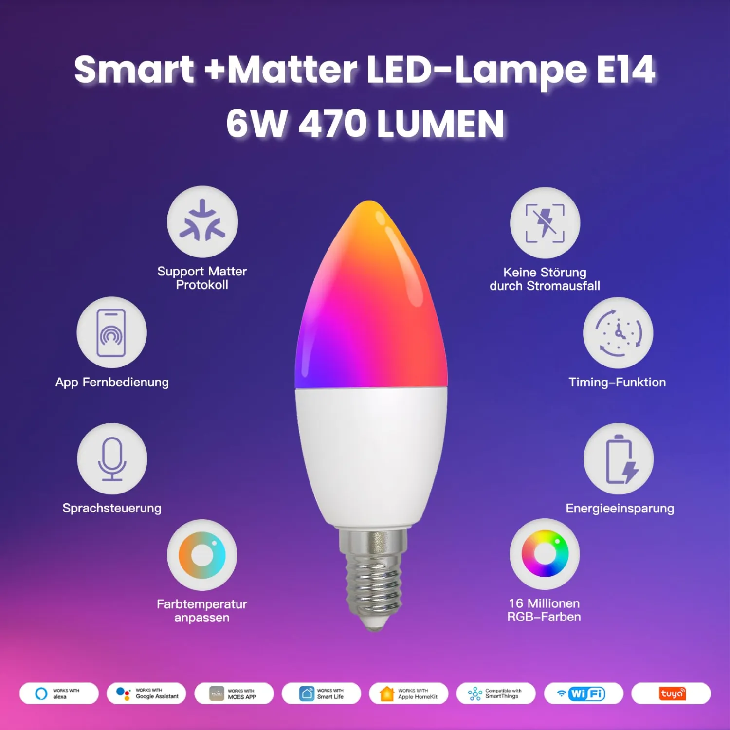 MOES Smart Light Bulb Matte E14, WiFi Alexa LED Lamp RGBCW, WW, with Dimmable, Music Synchronization, 16 Million Colours, Compatible with Apple HomeKit, SmartThings, Alexa, Google Home