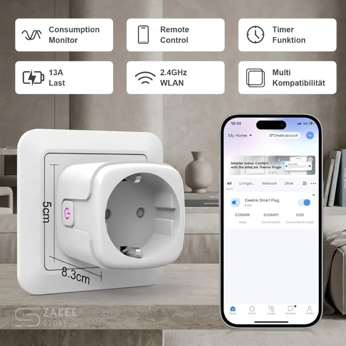 SURFOU Smart Socket, 16A Smart Plug Compatible with Alexa and Google Home, Voice Control, 2.4GHz WiFi Remote Access, No Hub Needed, Energy Consumption Monitoring
